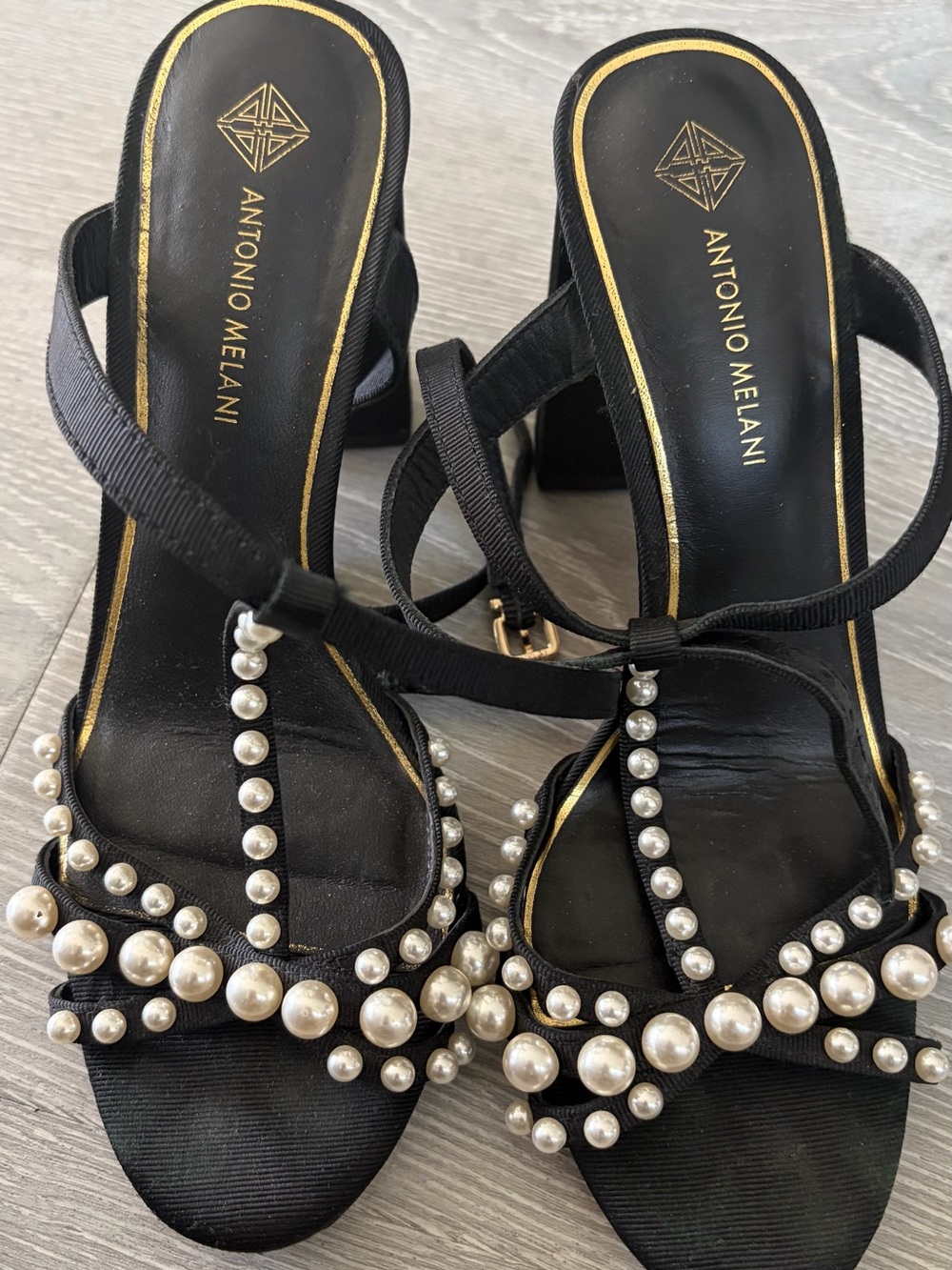 ANTONIO MELANI Black Pearl-Trim Strappy Block Heels
